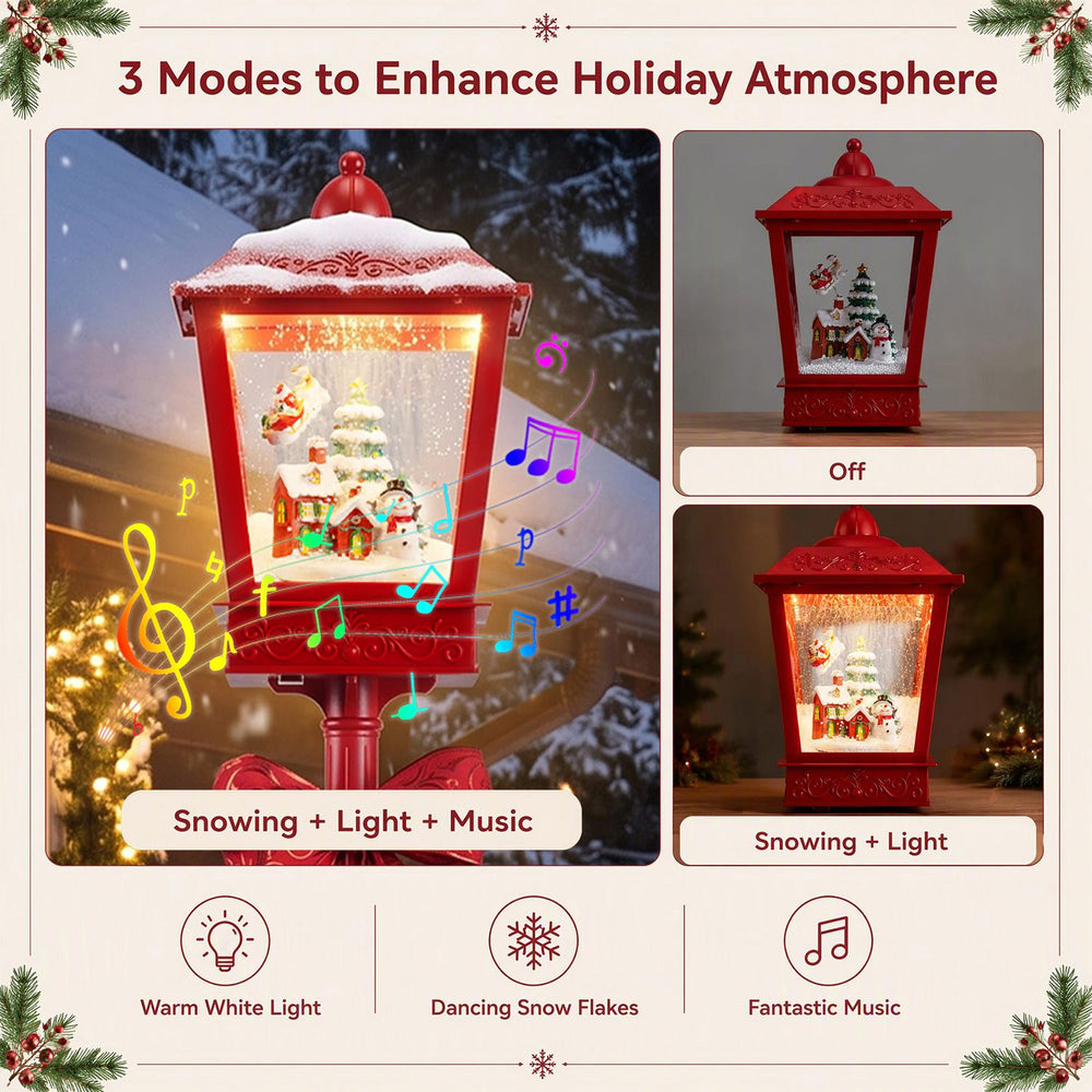 Musical Christmas streetlight in red features LED lights, snowing effect, and festive music for holiday decoration.
