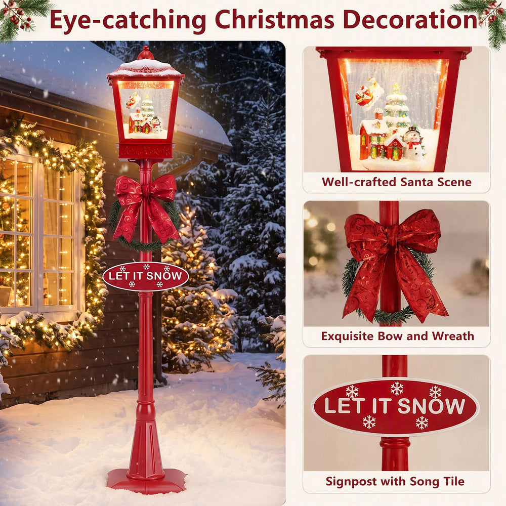 6.1 ft red musical Christmas streetlight with LED lights features a Santa scene, bow, and wreath for festive outdoor decor.