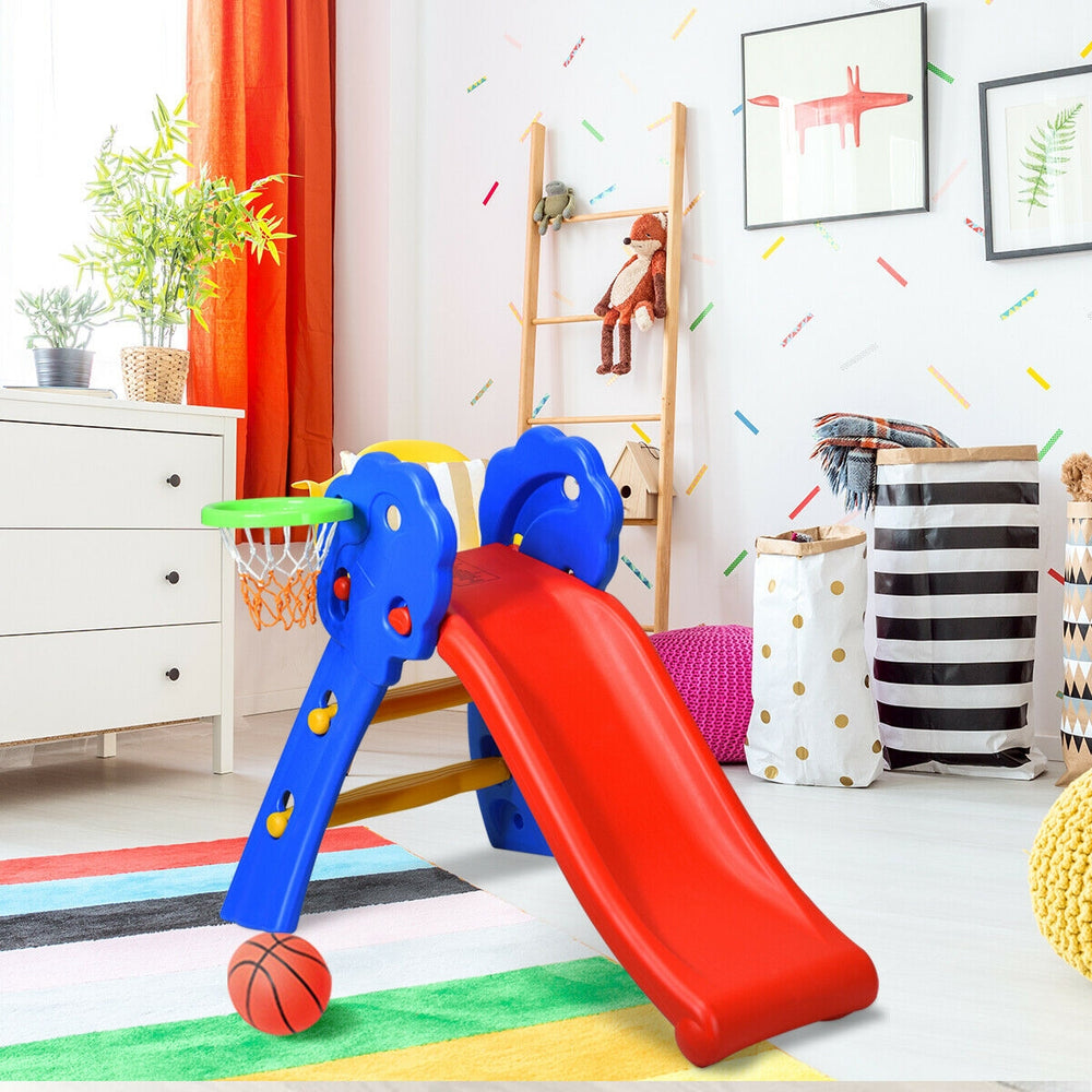 Kids plastic folding slide with basketball hoop, made of durable HDPE, designed for indoor fun and safe play.