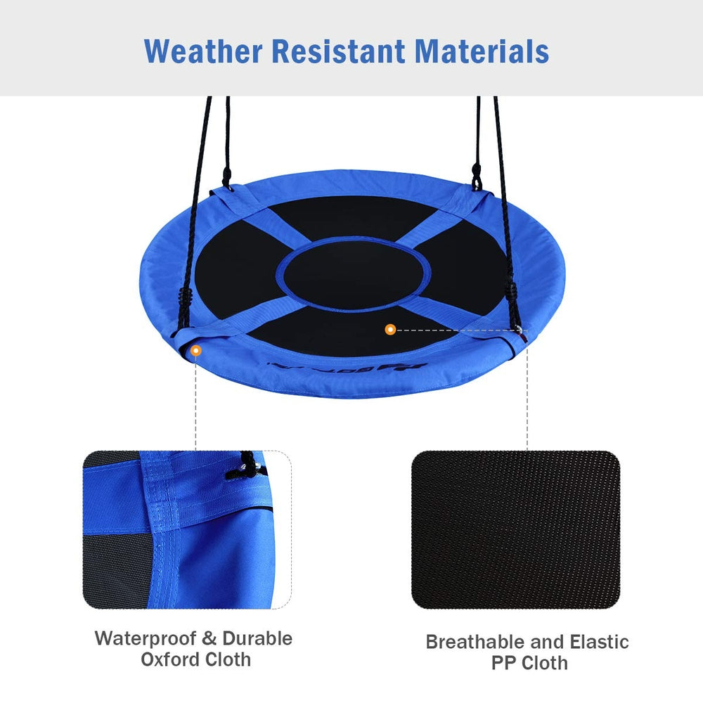 Blue 40-inch flying saucer tree swing featuring weather-resistant 600D oxford fabric and breathable PP cloth for.