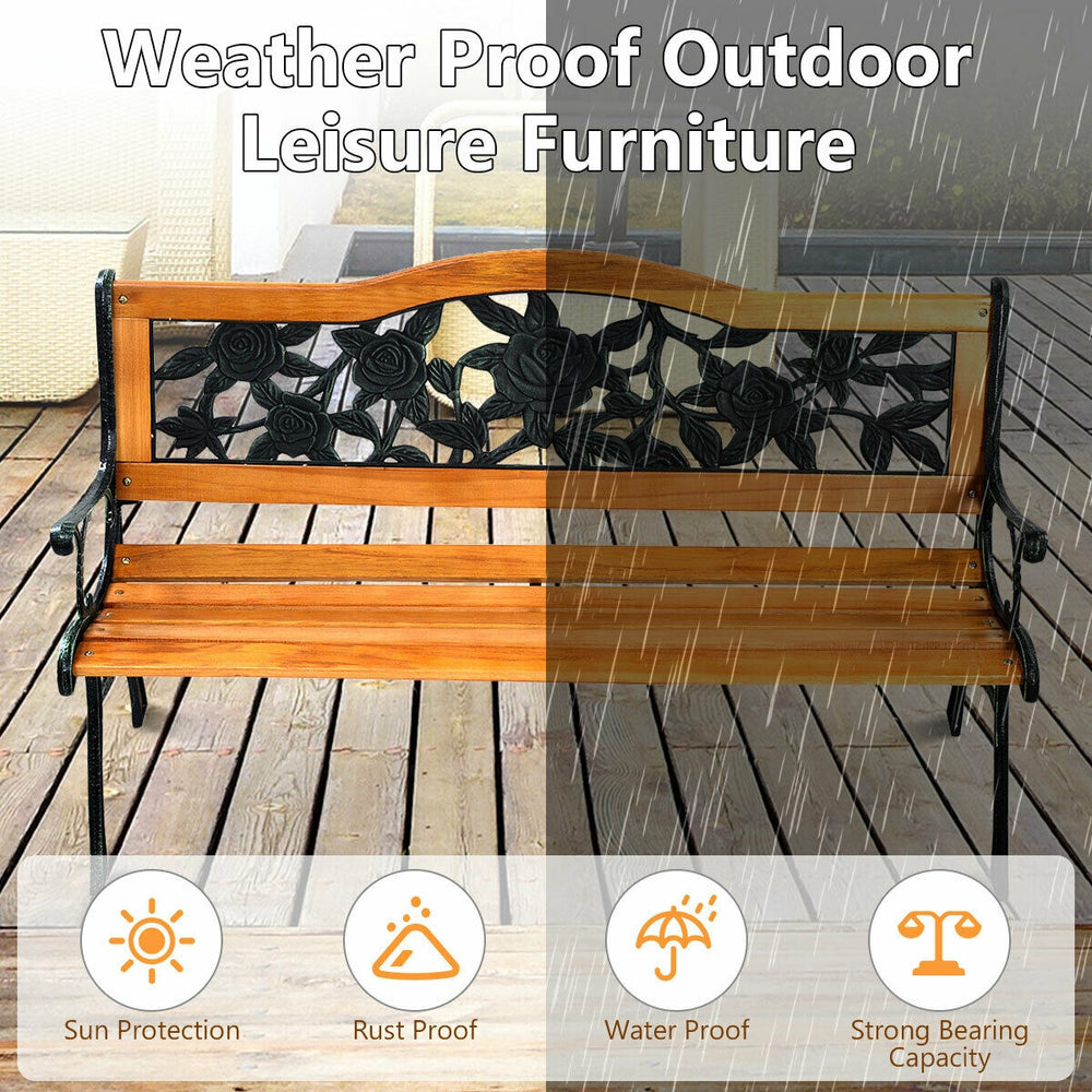 Garden bench chair with iron armrest, solid wood seat, weatherproof design, perfect for outdoor leisure seating.