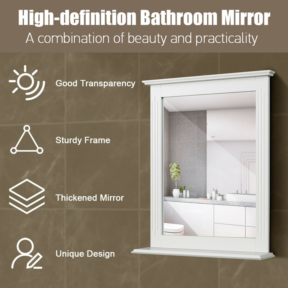 Wall-mounted white vanity mirror with shelf, high-definition glass, sturdy MDF frame, ideal for bathroom or hallway use.