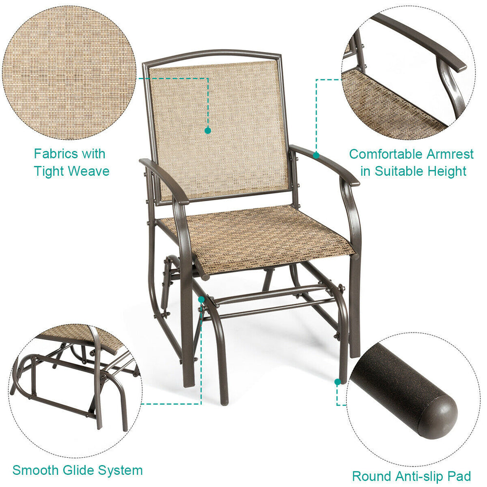 Single glider chair with breathable fabric and sturdy iron frame, perfect for outdoor patio relaxation.