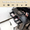 Makeup dressing table with four large storage drawers, touch switch lighted mirror, and cushioned stool in black.