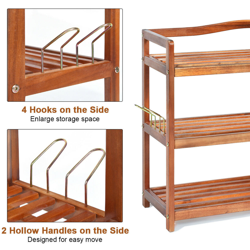 3-tier acacia wood shoe rack featuring side metal hooks and handles for easy mobility, ideal for various home spaces.