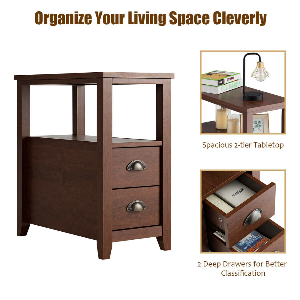 Compact brown end table with 2 drawers and shelf, featuring rustic metal handles, ideal for bedroom or living room.