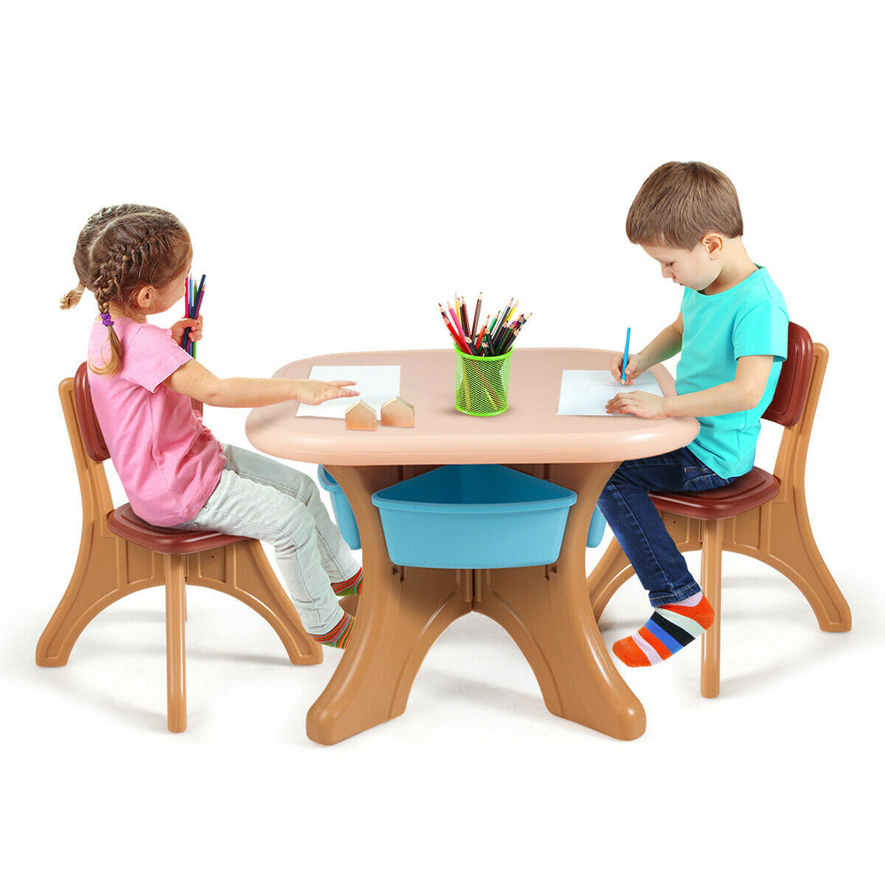 Children's activity table and chair set in coffee color, featuring storage drawers, perfect for arts and crafts.