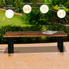 Solid acacia wood patio bench with metal legs, featuring a polished surface, ideal for outdoor dining and decor.