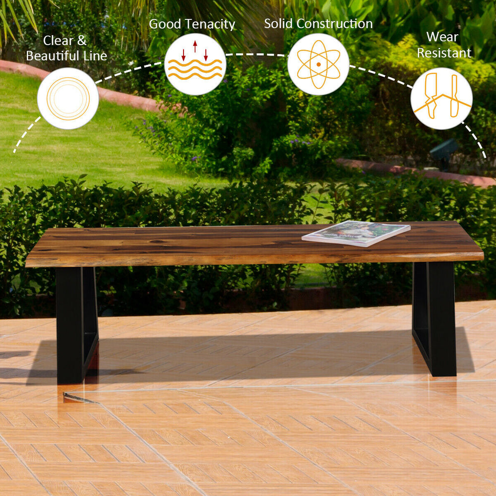 Solid acacia wood patio bench with metal legs, featuring a polished surface, ideal for outdoor dining and decor.