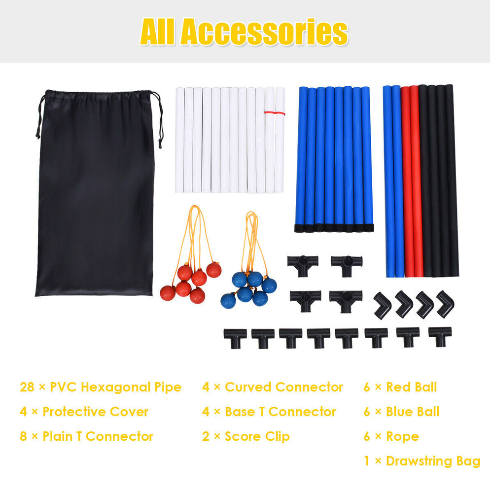 Ladder ball toss game accessories including PVC pipes, connectors, bolas, and a drawstring bag for easy storage.