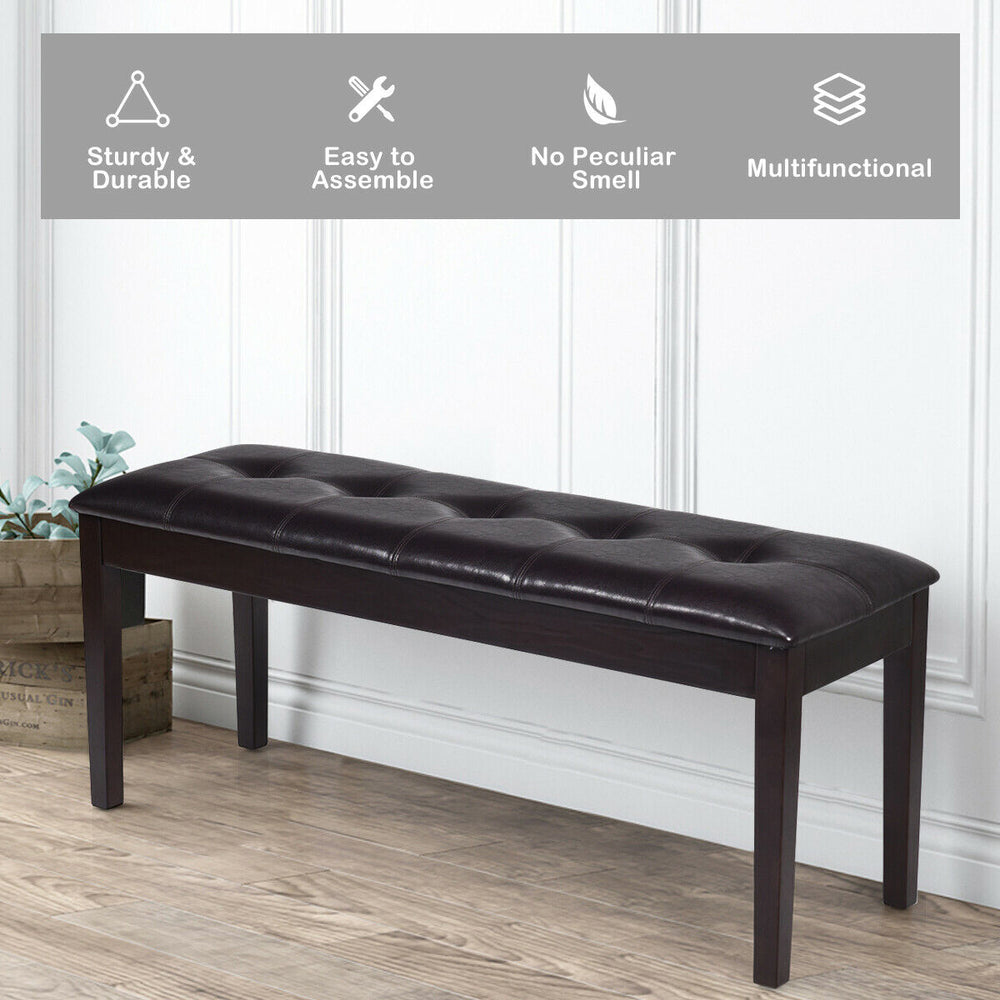 Brown PU upholstered bench with rubber wood legs, cushioned seating, perfect for entryways and dining rooms.