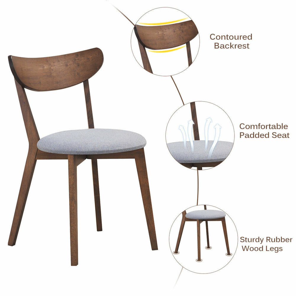 Upholstered dining chair with curved backrest and rubber wood legs, perfect for living room or dining room use.