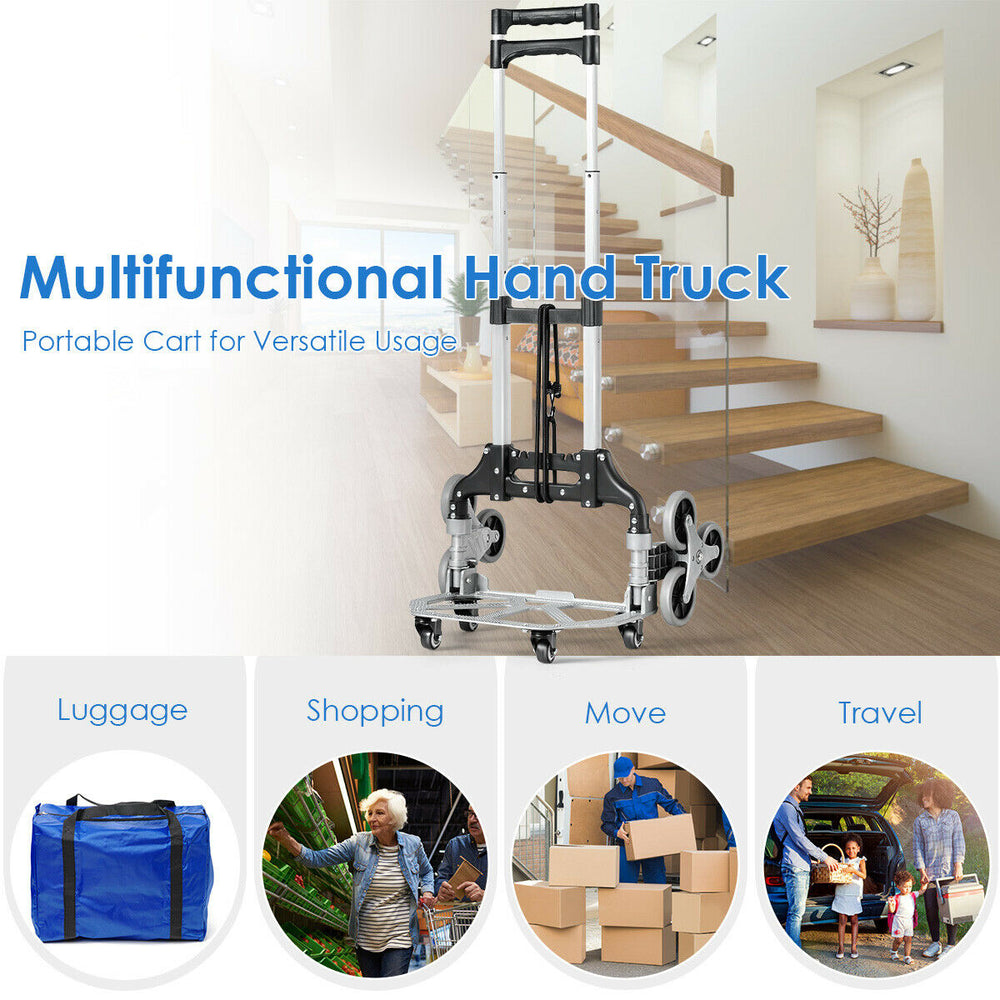 Portable folding stair climbing hand truck with high-quality wheels, adjustable handle, and elastic rope for easy.