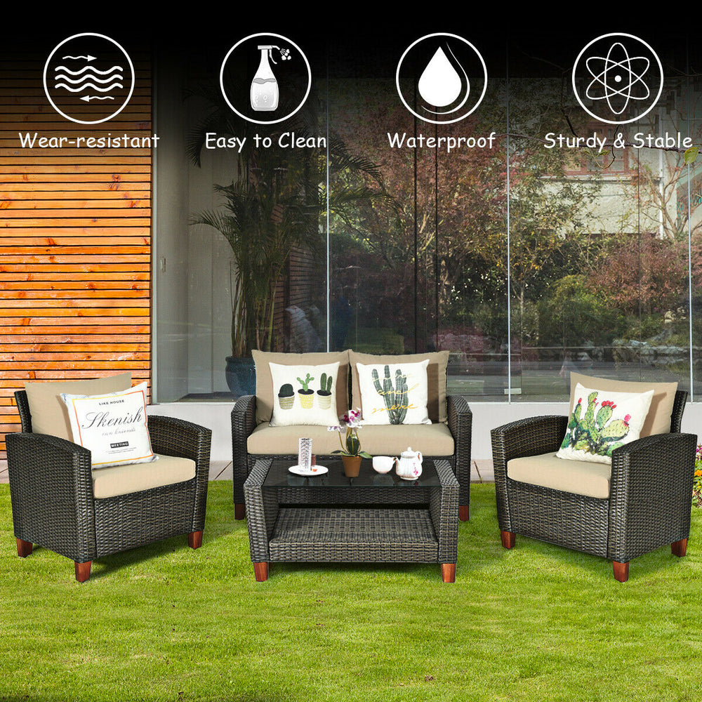 4-piece patio rattan furniture set with cushions, featuring weather-proof PE wicker and ergonomic design for outdoor.