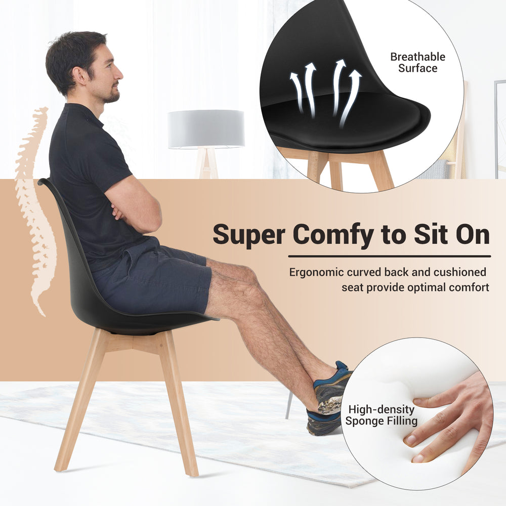 Mid-century modern dining chair set with black PU seat, ergonomic backrest, and beech wood legs for stylish comfort.