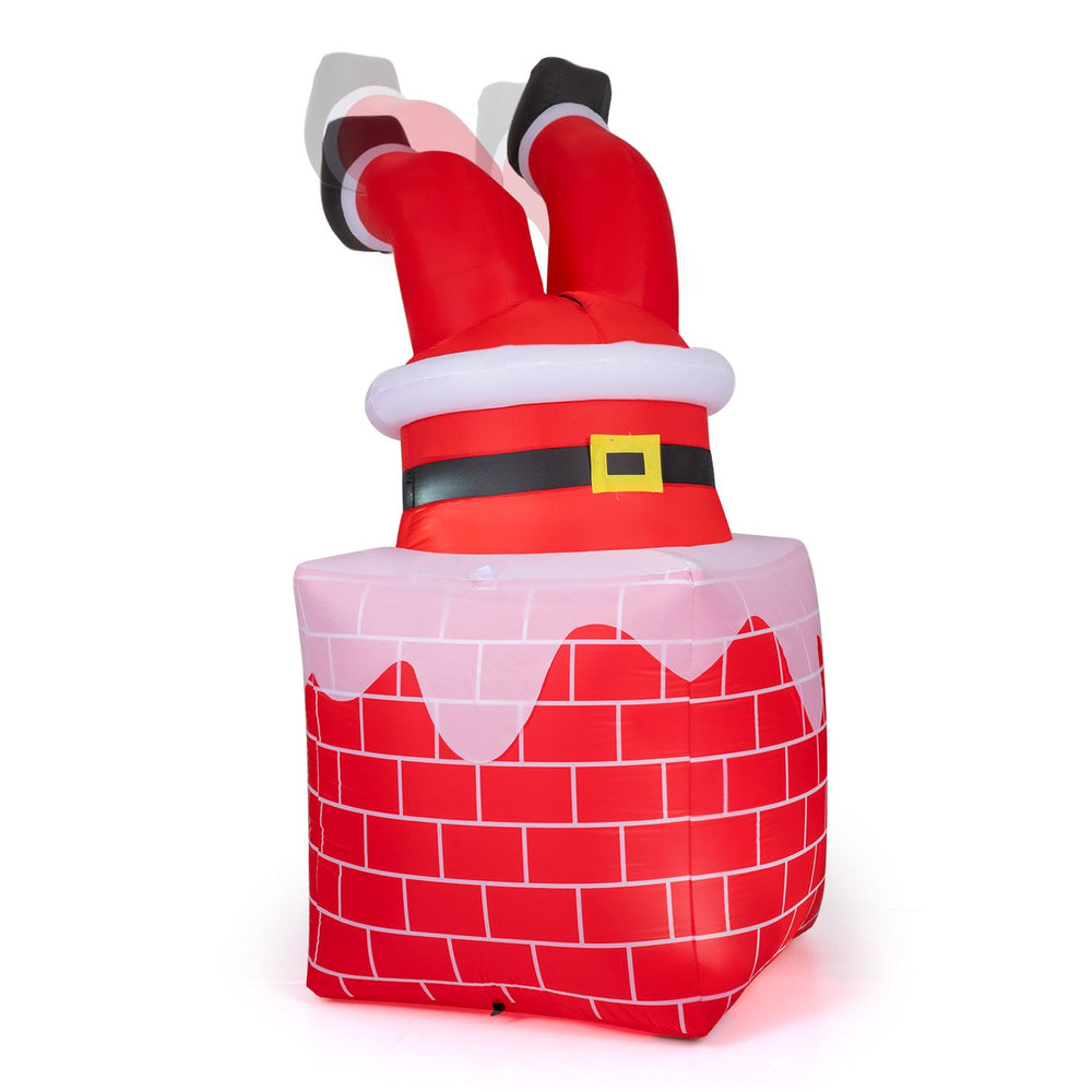 Christmas inflatable Santa Claus stuck in chimney with automatic moving legs and built-in LED lights for festive decor.