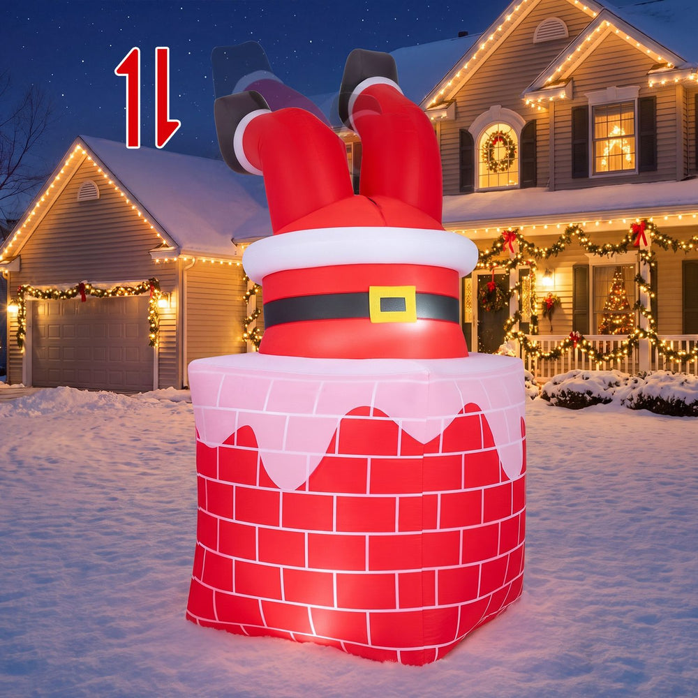 Christmas inflatable Santa Claus stuck in chimney, featuring LED lights and automatic moving legs for festive yard decoration.