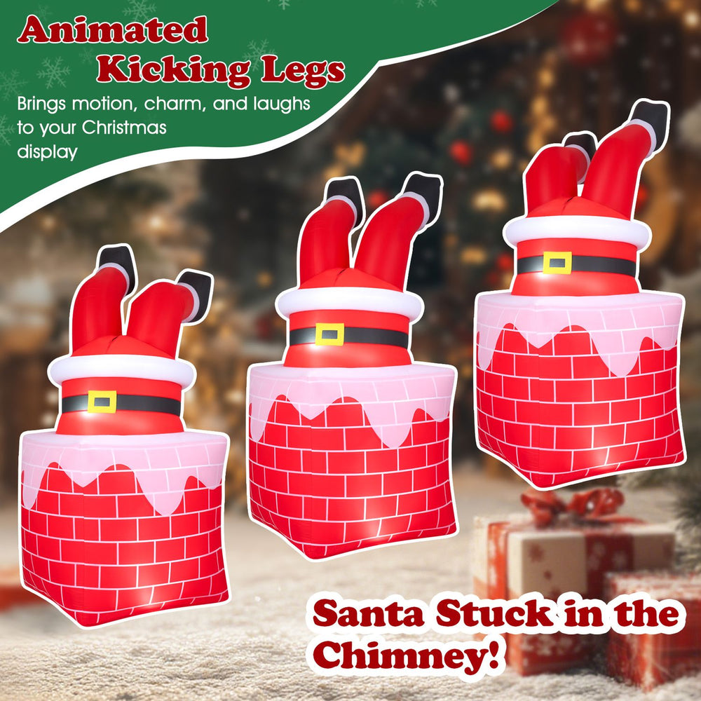 6.2 FT Christmas inflatable Santa Claus in chimney with LED lights and animated kicking legs for festive outdoor decoration.