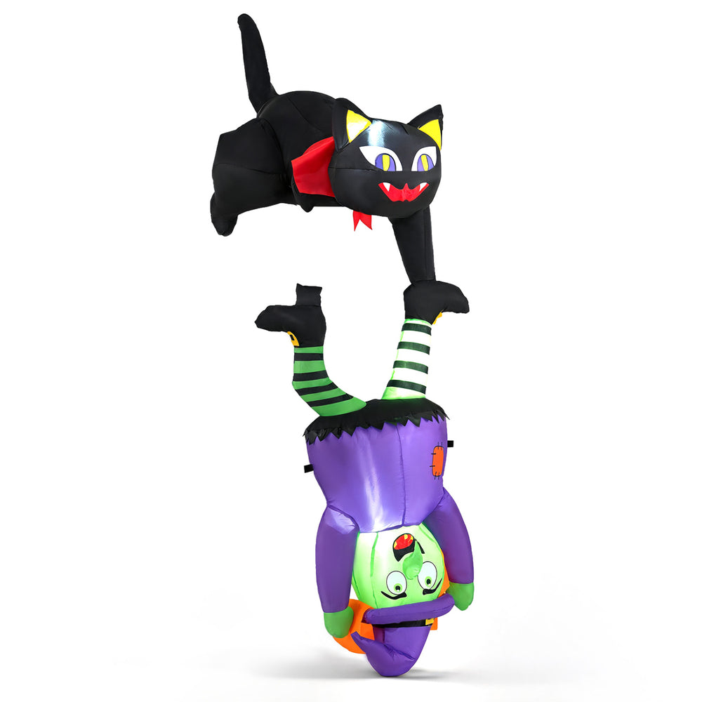 Halloween inflatable display featuring a 6.2 ft black cat and witch with LED lights, perfect for outdoor decoration.