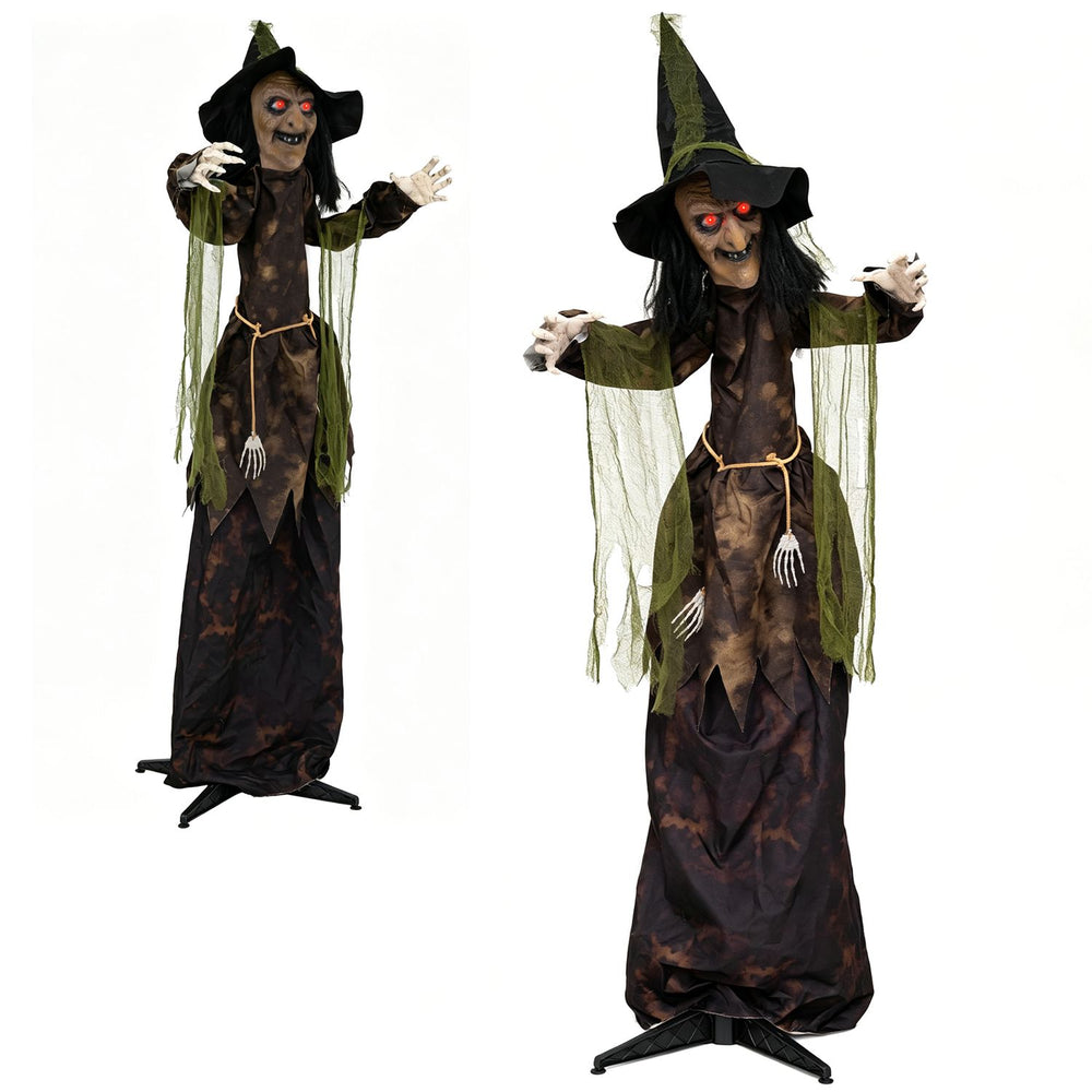 6.2 ft Halloween animated witch decoration showcases a spooky design with creepy laughter and a solid base for stability.