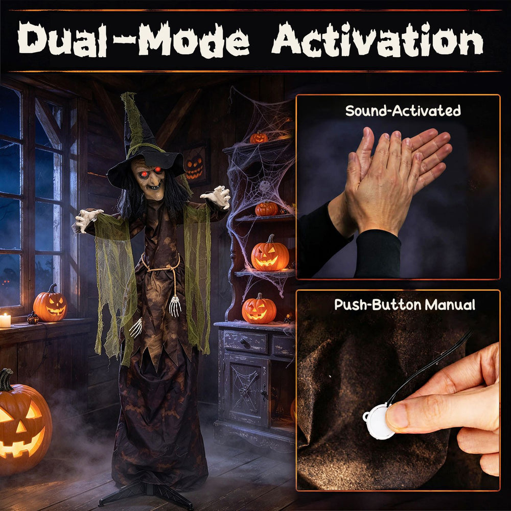 Animated 6.2 ft Halloween witch decoration features red glowing eyes, sound activation, and swinging arms for spooky scenes.