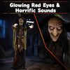 Animated 6.2 ft Halloween witch decoration features red glowing eyes, swinging arms, and creepy laughter for spooky scenes.