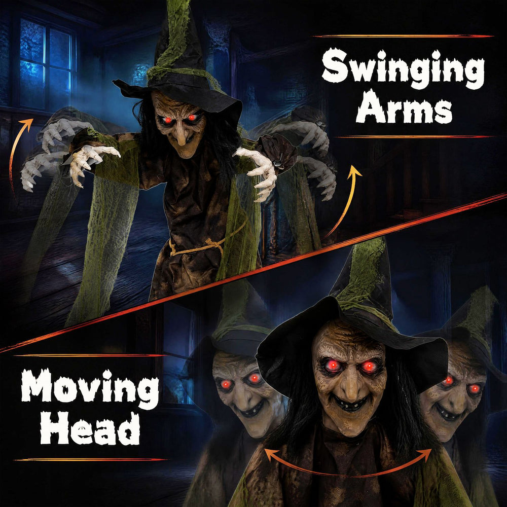 Animated 6.2 ft Halloween witch decoration features red glowing eyes, swinging arms, and a movable head for spooky effects.