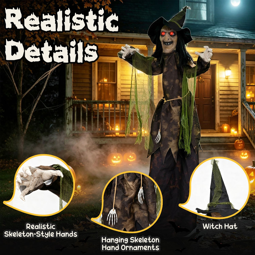 6.2 ft Halloween animated witch decoration features red glowing eyes, skeleton-style hands, and a classic witch hat for spooky scenes.