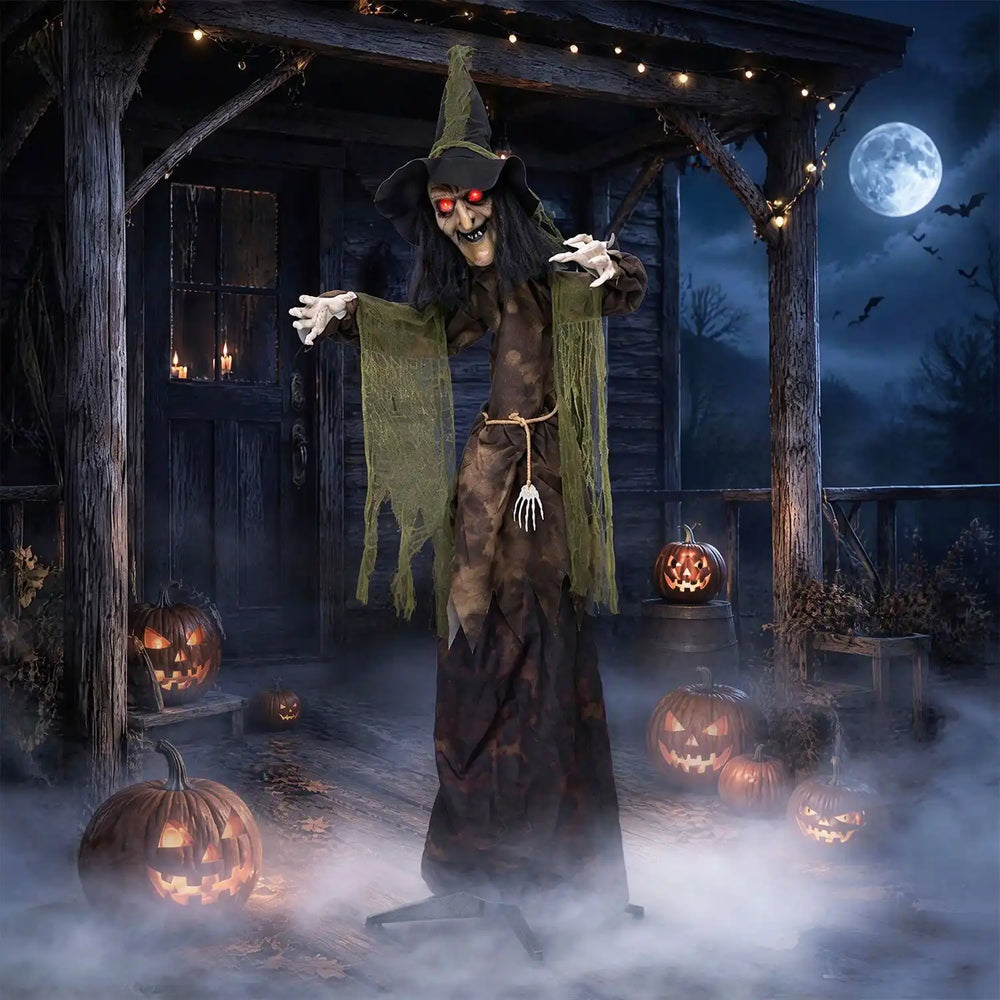 6.2 ft Halloween animated witch decoration showcases a creepy design with movable head and skeleton-style hands for eerie ambiance.
