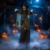 Animated 6.2 ft Halloween witch decoration features red glowing eyes, swinging arms, and a classic witch hat for spooky scenes.