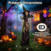 6.2 ft Halloween animated witch decoration features red glowing eyes, swinging arms, and requires 3 AA batteries for spooky fun.