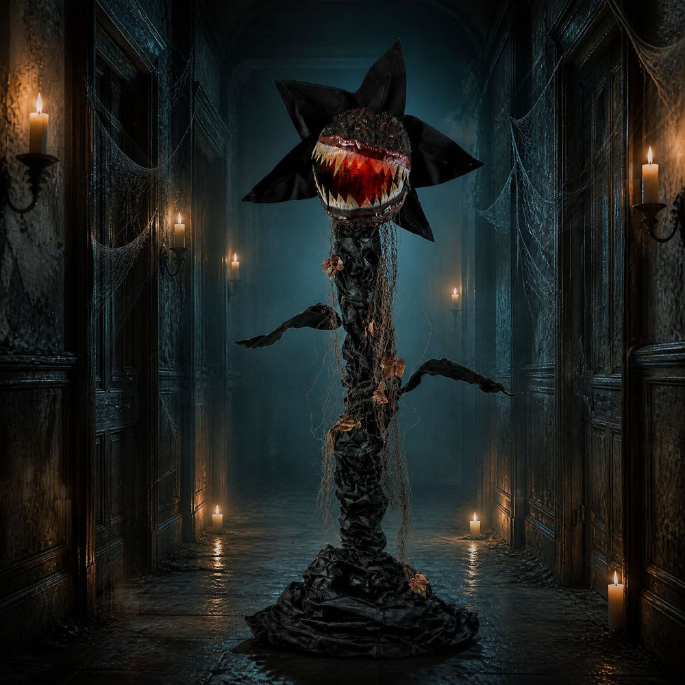 Life-size 6.2 ft animated Halloween man-eater plant with color-changing LEDs and horrifying sounds for a spooky display.