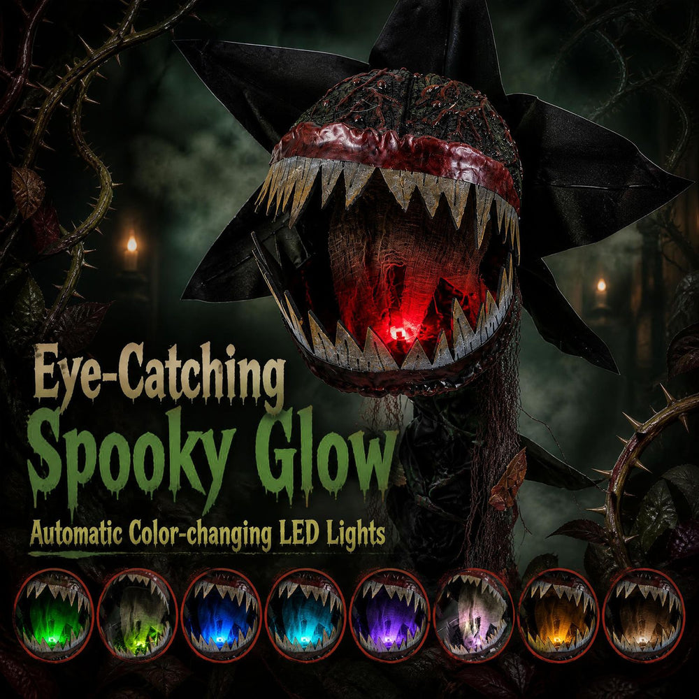 The 6.2 ft animated Halloween Man-Eater Plant showcases a monstrous design with color-changing LEDs and terrifying sound effects.