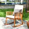 Acacia wood rocking chair with detachable cushions, featuring a rustic teak color, perfect for patio or garden.