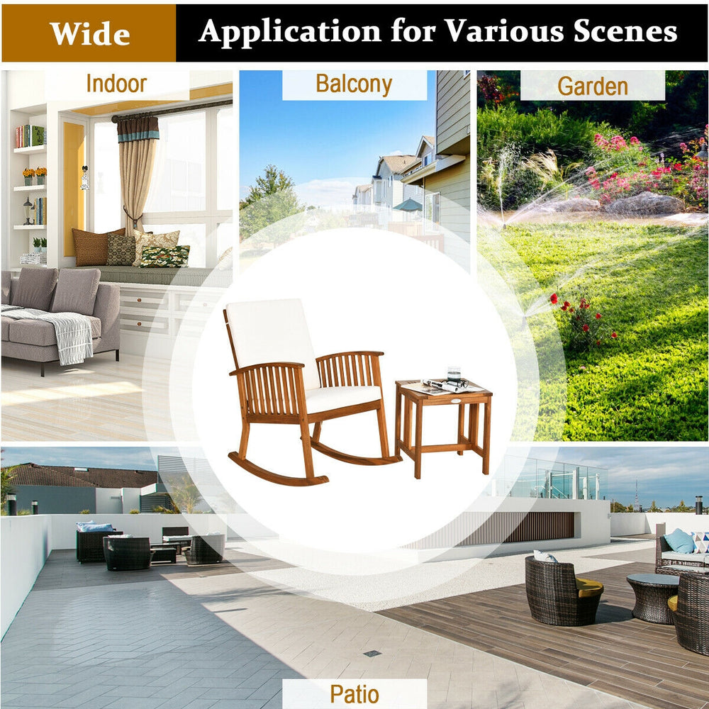 Acacia wood patio rocking chair and table set with thick cushions, perfect for outdoor relaxation in various settings.