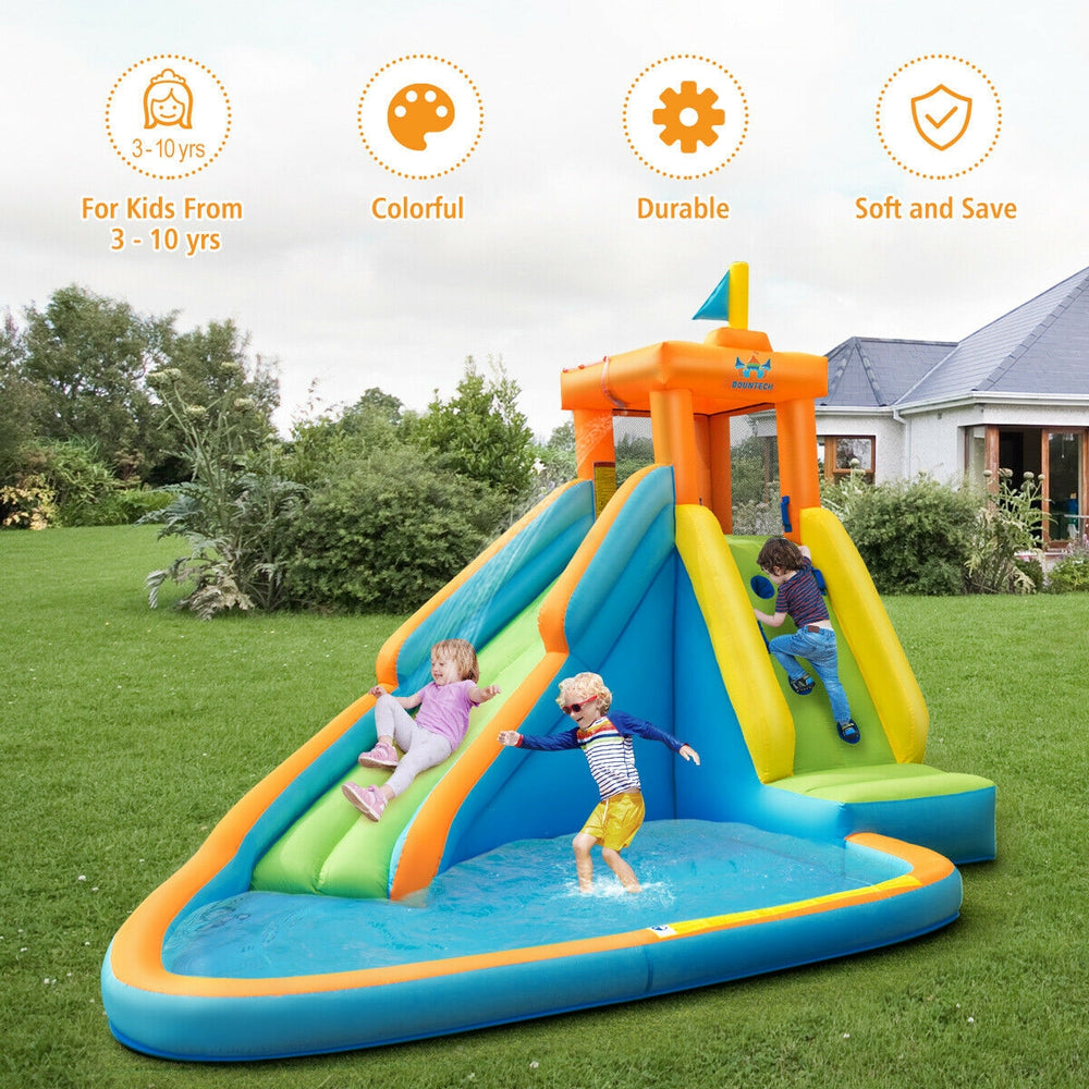 Inflatable water slide bounce house for kids aged 3-10, featuring a climbing wall, slide, and splash pool for summer.