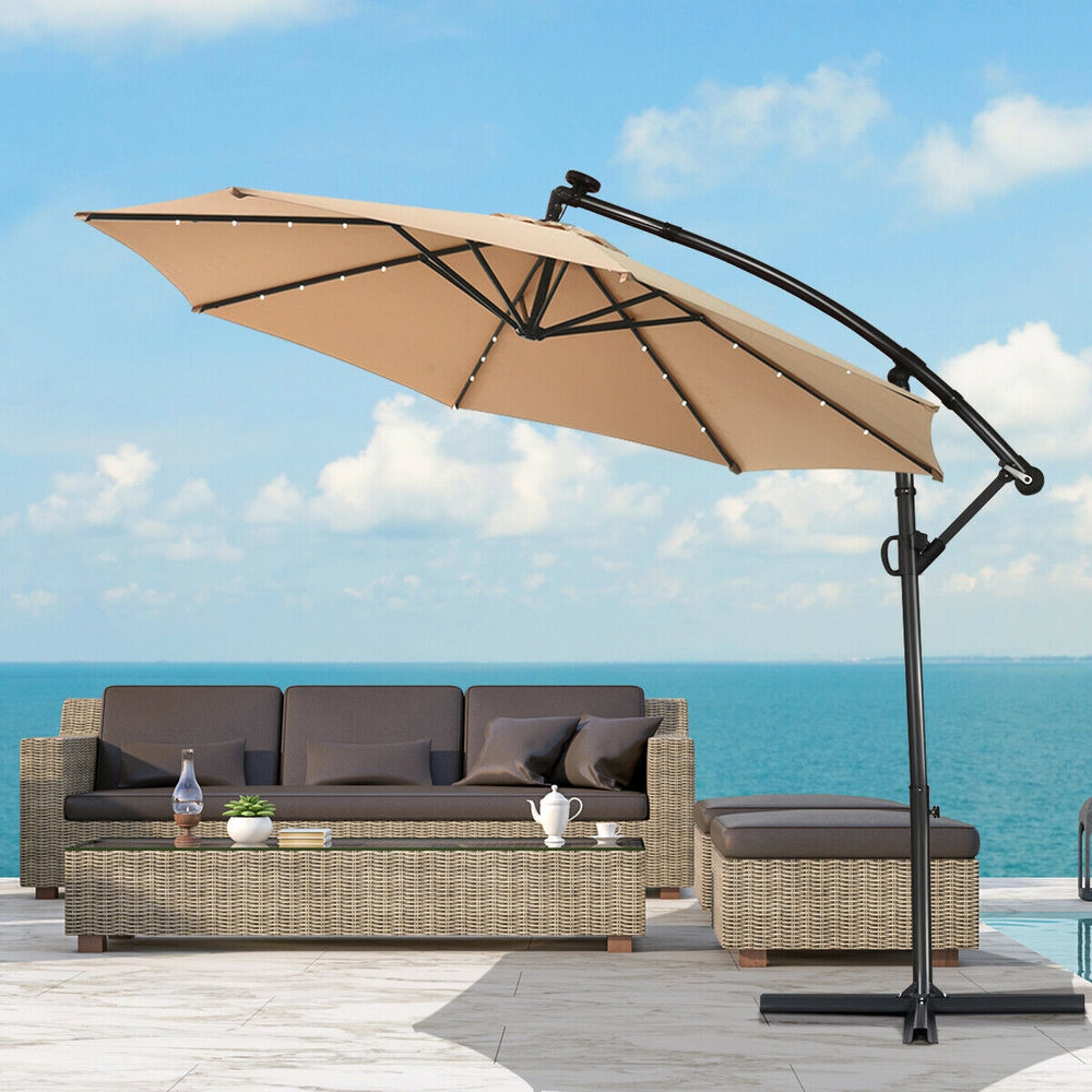10 ft 360° Rotation Solar Powered LED Patio Offset Umbrella without Weight Base-Beige - Gallery View 1 of 11