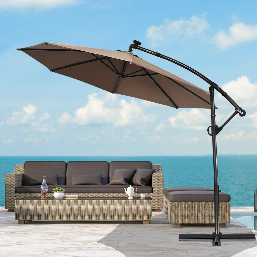 10 ft 360° Rotation Solar Powered LED Patio Offset Umbrella without Weight Base-Tan - Gallery View 1 of 11