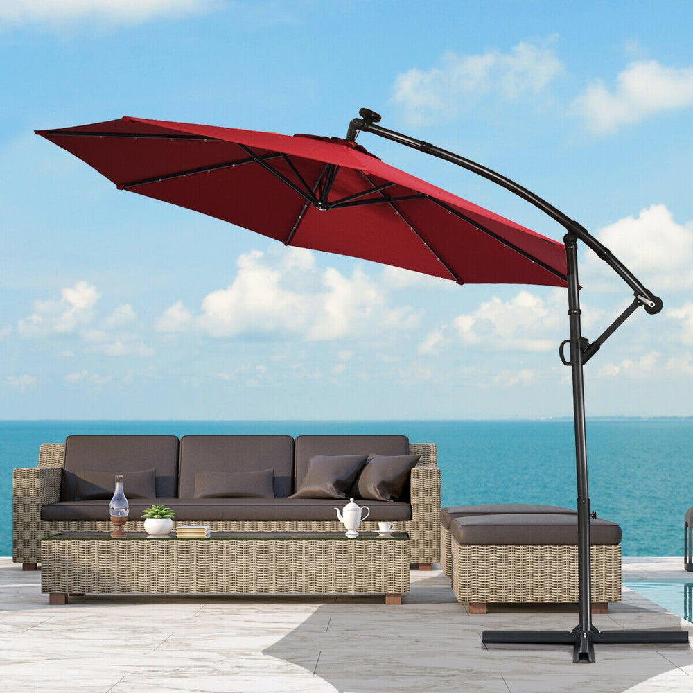 10 ft 360° Rotation Solar Powered LED Patio Offset Umbrella without Weight Base-Dark Red - Gallery View 1 of 12