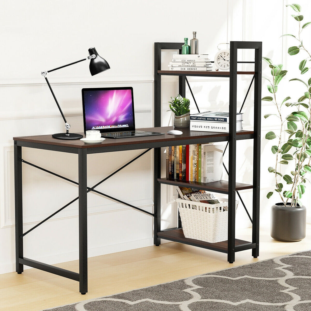 Side view of the 47.5-inch writing desk showcasing the 4-tier shelves and adjustable legs for versatile workspace.