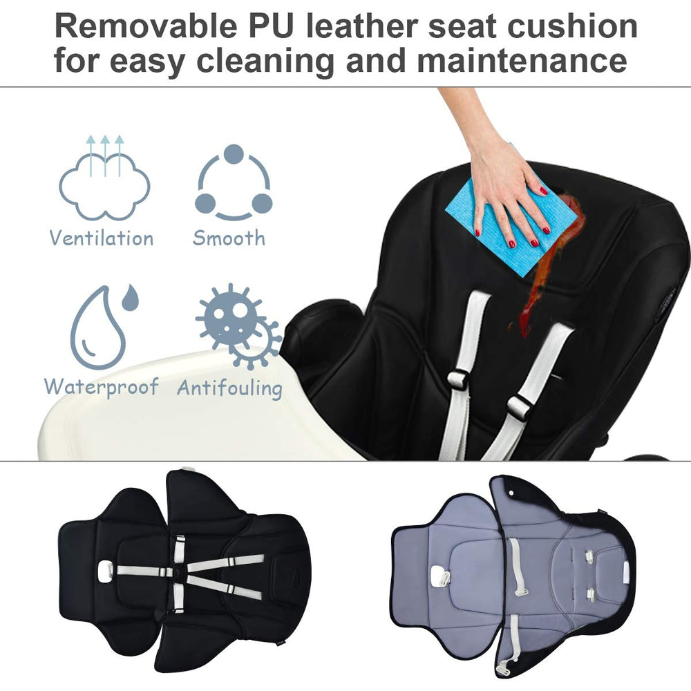 Removable PU leather seat cushion of the black foldable high chair for easy cleaning and maintenance.