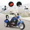 Chopper style 6V 3 wheel kids motorcycle in blue with comfortable seat, adjustable headlight, and built-in music for.