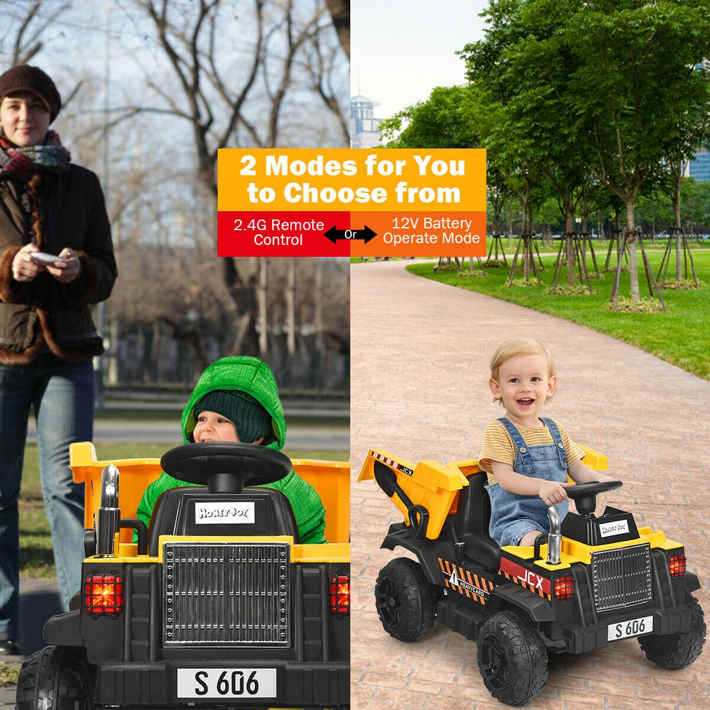 Kids ride-on dump truck in yellow with remote control and electric bucket, perfect for outdoor fun and exploration.