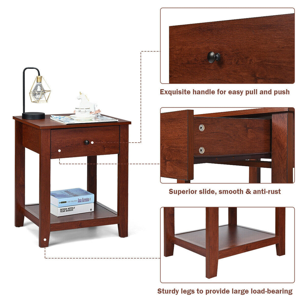Nightstand set featuring a storage shelf, pull handle, and durable particleboard for bedroom or living room use.
