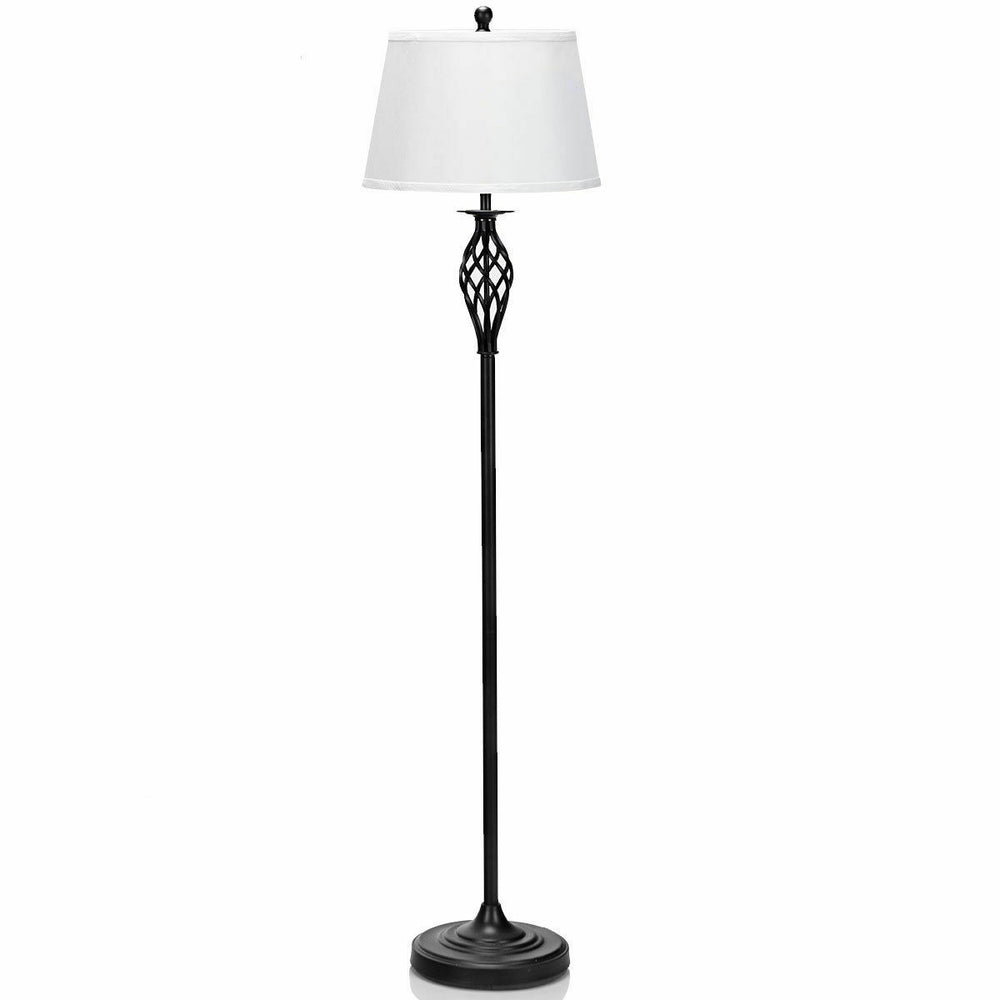 Black floor lamp with white fabric shade, part of a 3-piece lamp set, ideal for traditional or transitional decor.