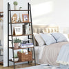 5-tier leaning bookshelf showcasing its durable particle board shelves and steel frame, perfect for stylish bedroom.