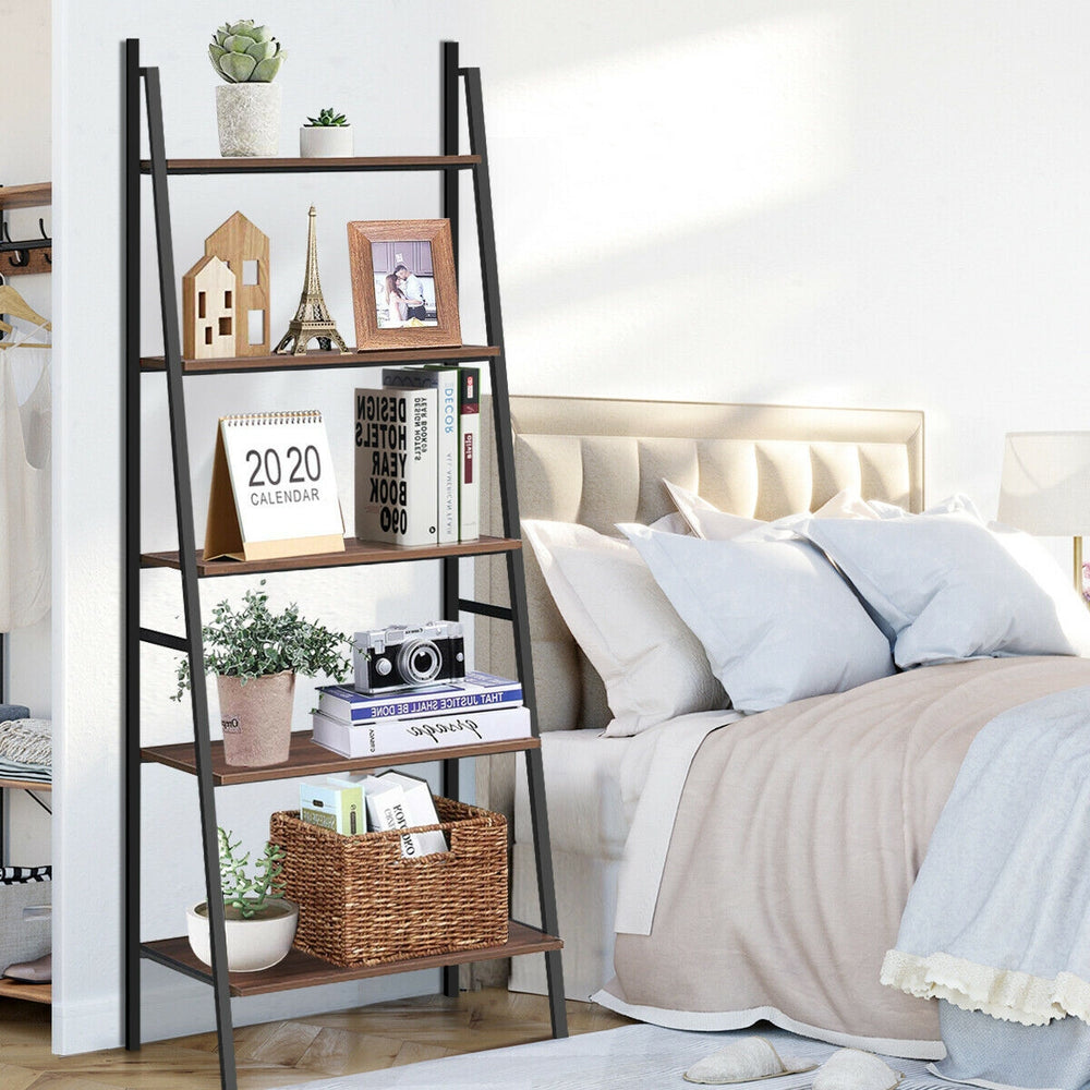 5-tier leaning bookshelf showcasing its durable particle board shelves and steel frame, perfect for stylish bedroom.