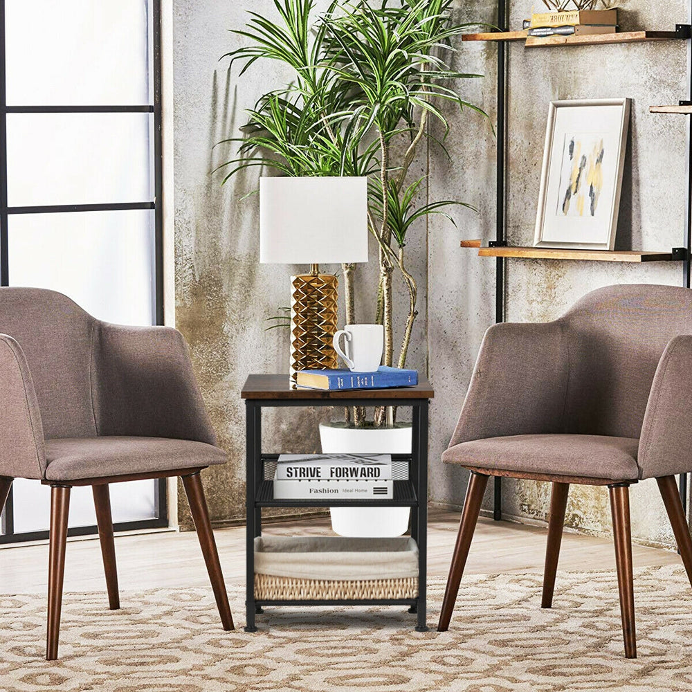 3-tier industrial end table with adjustable mesh shelves and heavy-duty steel frame, ideal for living room or bedroom.