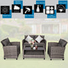 4-piece patio rattan furniture set with gray cushions, including a coffee table, loveseat, and two single sofas for.