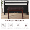 Solid wood piano bench with brown PU leather, padded seat, and storage compartment for sheet music and books.